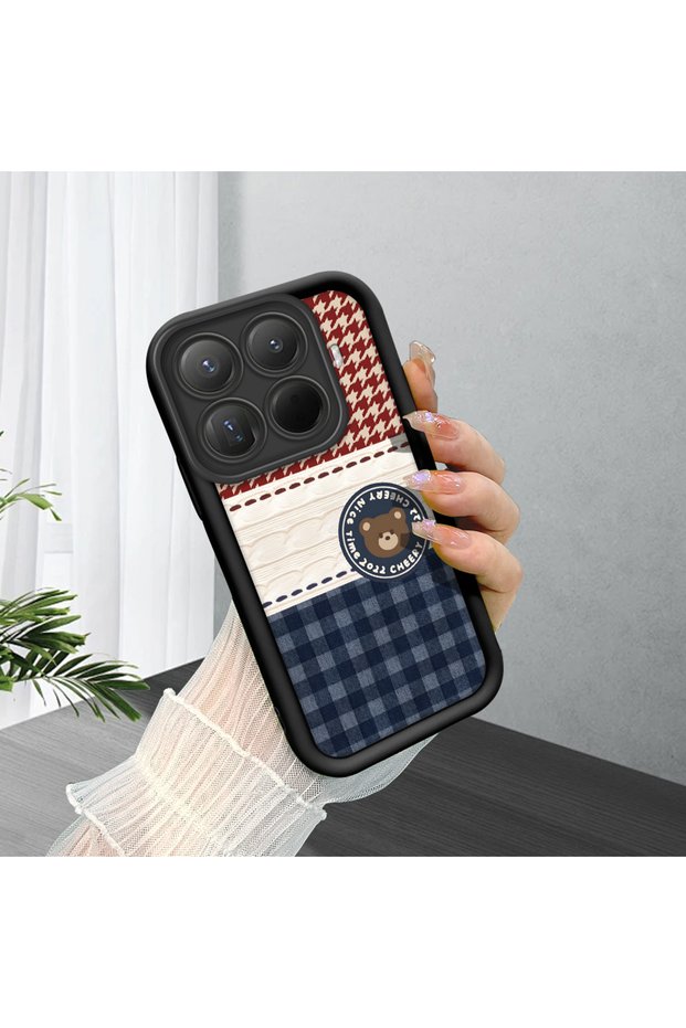 Mi 15t Pro Compatible Cute Bear Protective Case, Mix of Plaid and Lines, Impact Blocking