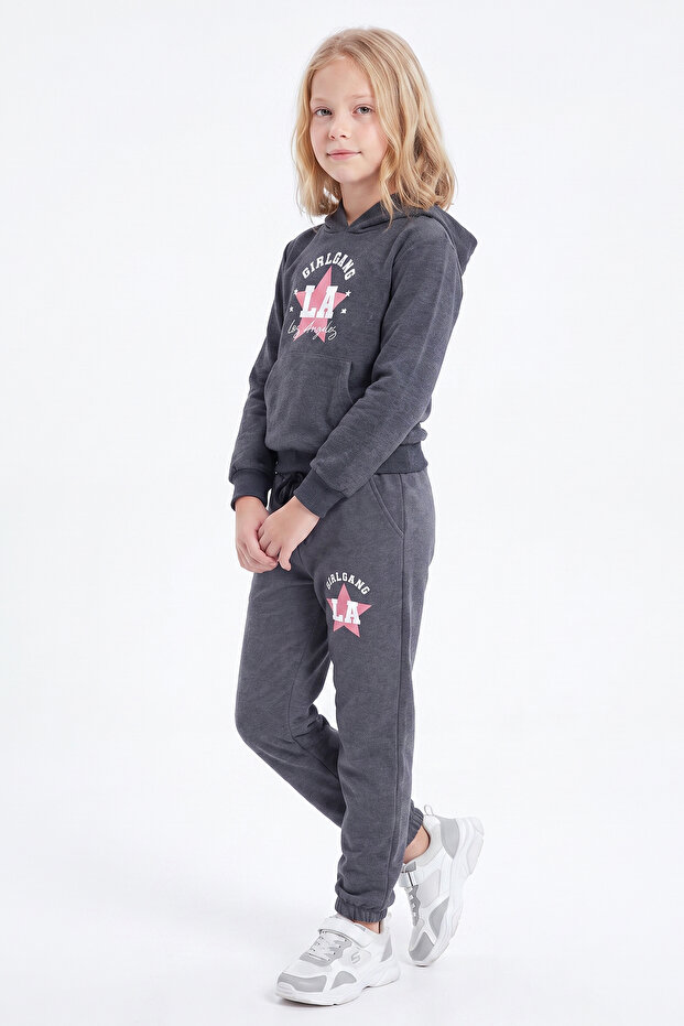 Girl's Printed Kangaroo Pocket Hooded Tracksuit Set