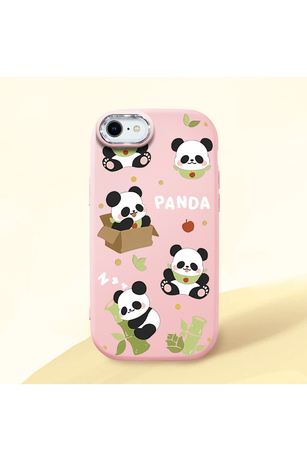 iPhone Se 2020 Compatible Case Camera Protector Pink Silicone Couple Phone Case Panda Pattern