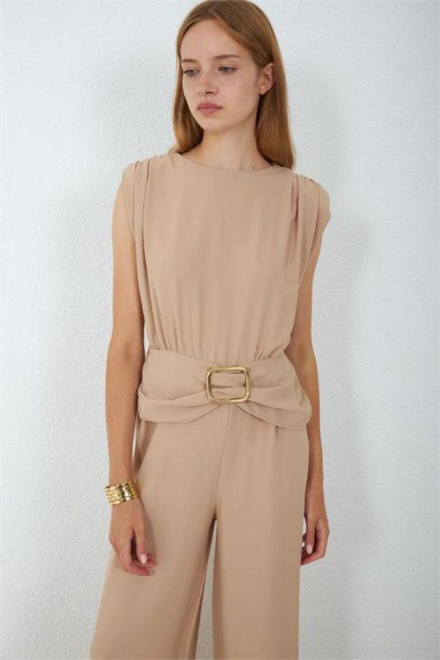 Women's Beige Waist Draped Belt Detailed Zero Sleeve Full Length Jumpsuit Nbmy4043