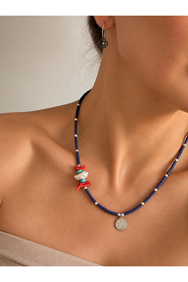 Steel Design Navy Blue Natural Stone Earrings-Necklace