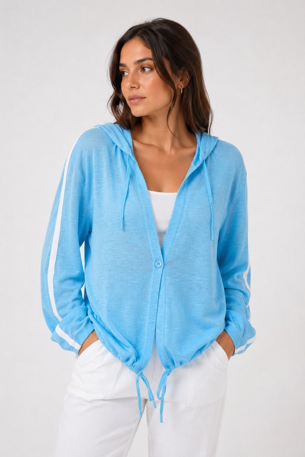 Women's Blue Hooded Comfortable Fit Knitwear Cardigan
