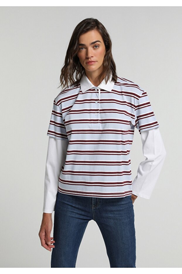 Regular Fit Polo Collar Striped Women's Multicolor Long Sleeve T-Shirt