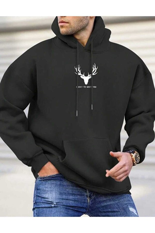 Meet You Printed Men's Hooded Kangaroo Pocket Unisex Oversize Sweatshirt