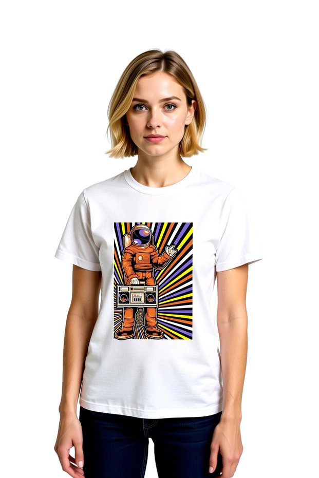 Women's Astronaut Boom Box Peace Sign Printed Casual T-Shirt 100% Cotton Relaxed Fit Modern Stylish Elegant