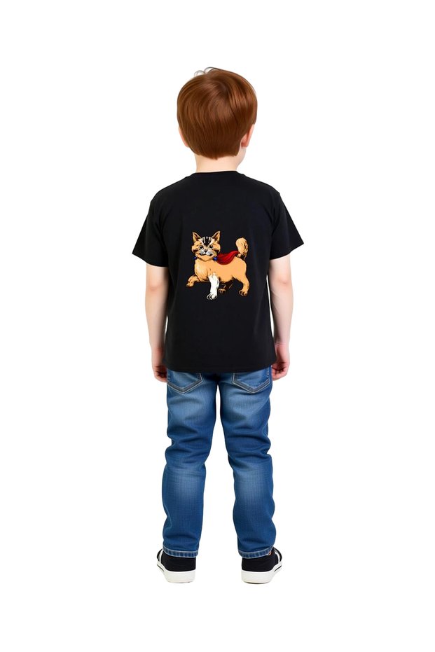 Boy's Hero Cat Printed Short Sleeve Round Neck Cotton T-Shirt Relaxed Fit Casual Modern