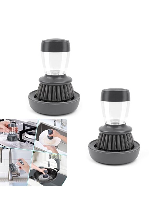Two-piece dishwashing brush set with soap dispenser, gray