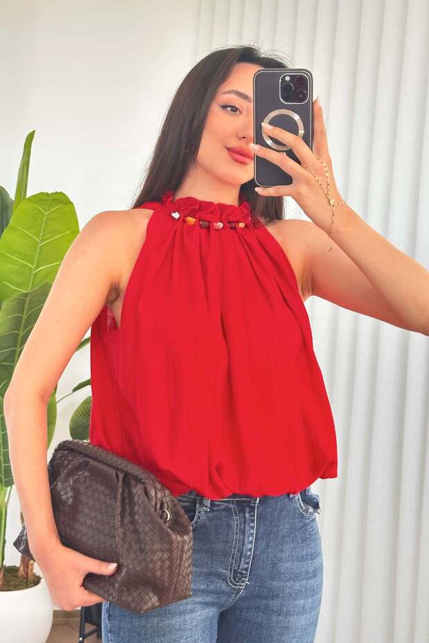 Women's Red Beaded Detailed Halter Neck Flowy Balloon Cut Sleeveless Blouse