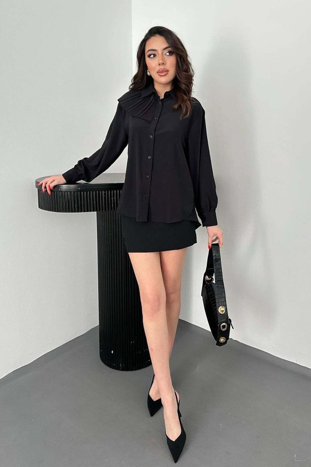 Women's Black Shirt with Pleated Collar Detail, Long Sleeves, Buttoned Woven Shirt