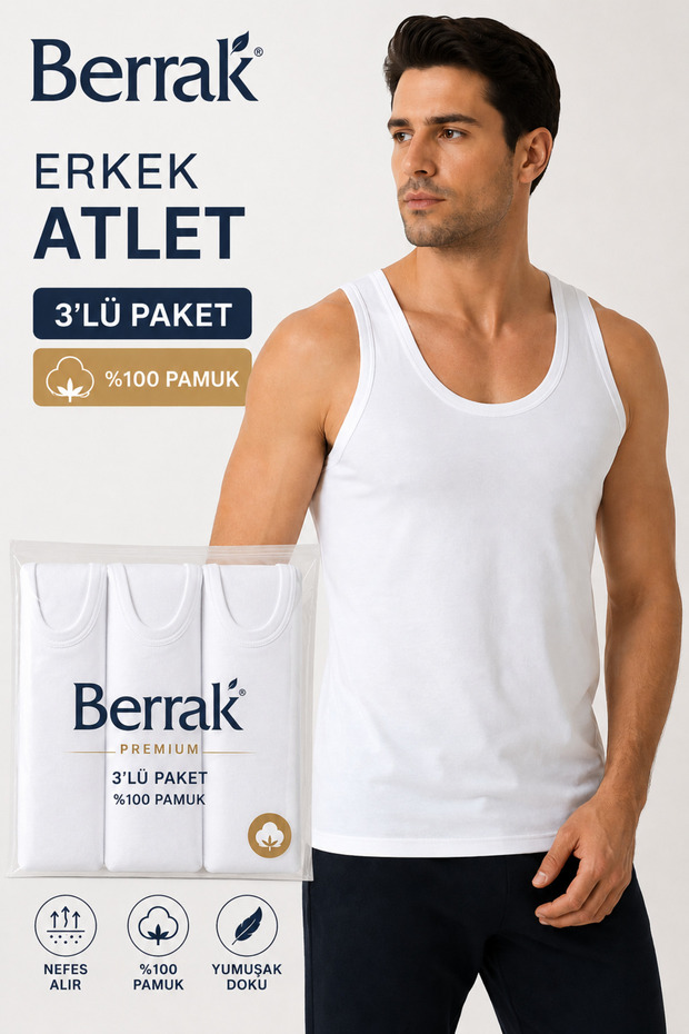 Berrak 100% Cotton Men's Combed Cotton Undershirt Summer Anti-Sweat Classic Strap Men's Undershirt 3 Pieces
