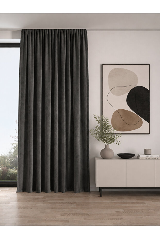 There Is an Anthracite Soft Textured Decorative Background Curtain.