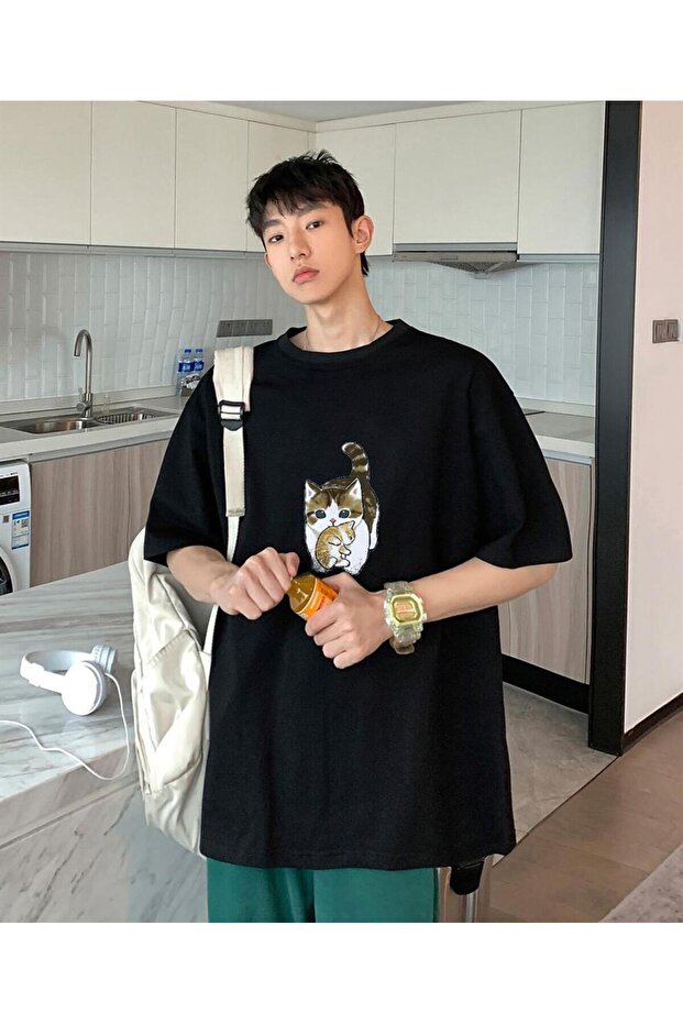 Mi̇ngalondon Cat & Cub Black Unisex Oversize T-Shirt