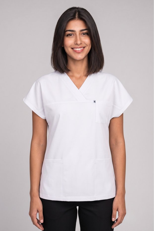 Women's Envelope Collar Short Sleeve Single Top White Alpaca Fabric Doctor, Nurse and Hospital Uniform