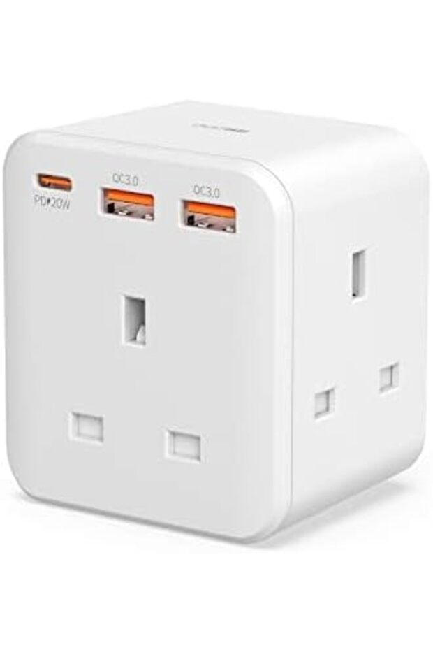 محول سفر متعدد الاستخدامات مع منفذ USB-C، 3 مخارج كهربائية 13 أمبير 3250 واط، محول كهربائي 6 في 1 على شكل مكعب