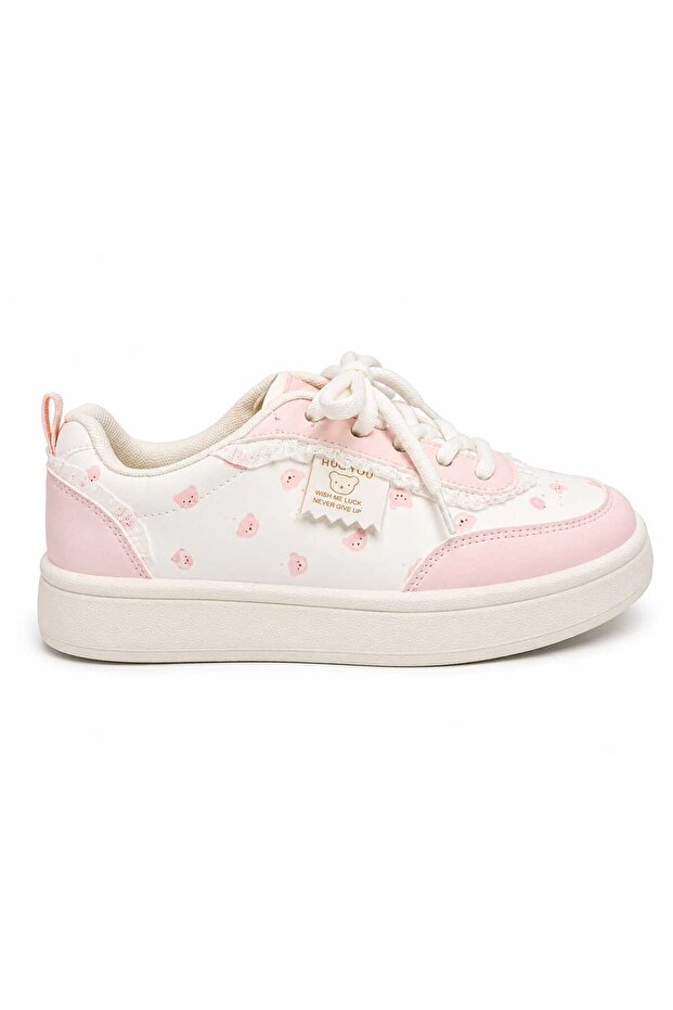 Girls' White Pink Casual Sneakers – Cute Printed Lace-Up Shoes