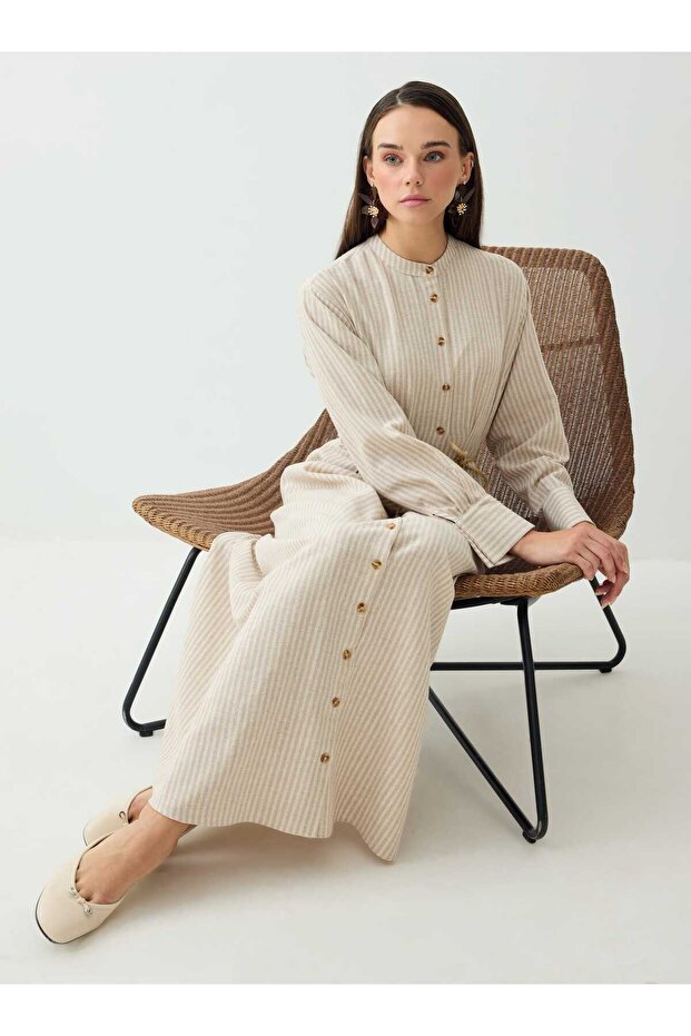 Straw Belt Detailed Full-Length Buttoned Hijab Dress - Beige Striped