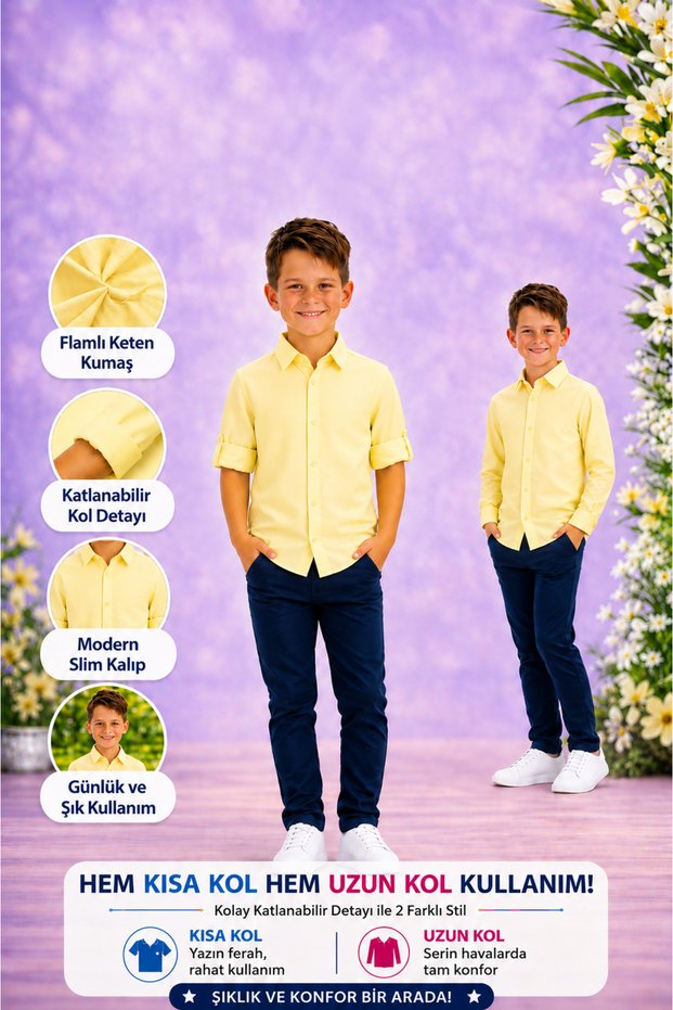 Boy's Shirt Yellow Slim Fit Short Sleeve Long Sleeve Foldable Sleeve Stylish Shirt