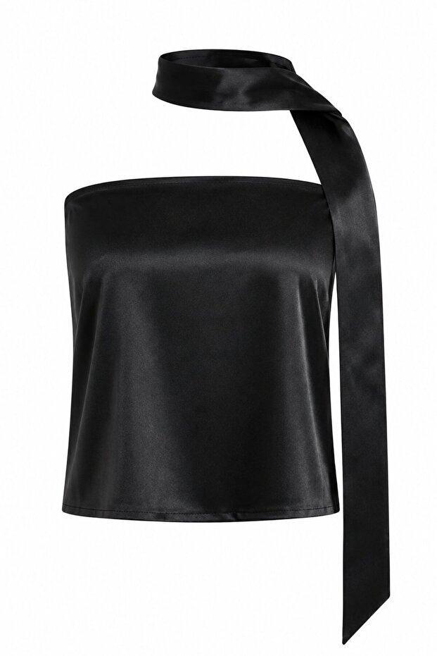 Black Strapless Satin Blouse with Scarf - 1275