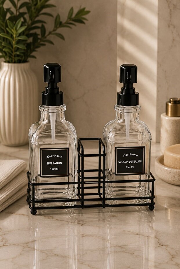 2-Piece Kitchen Soap Dispenser with Metal Stand Black