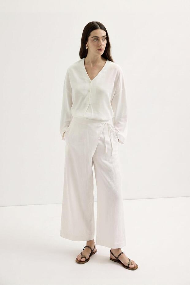 Linen Trousers with Flap and Ties, Ecru