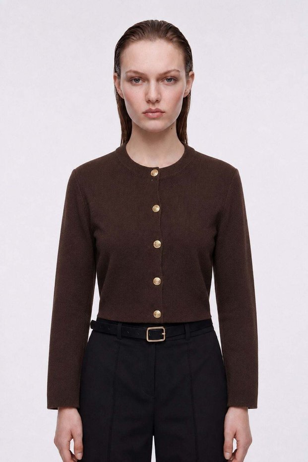 Women's crew neck gold button detailed knit cardigan