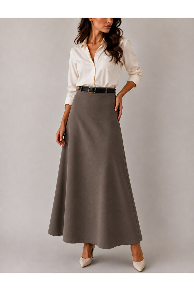 Belt-Detail Maxi Length Loose Mink Woven Skirt
