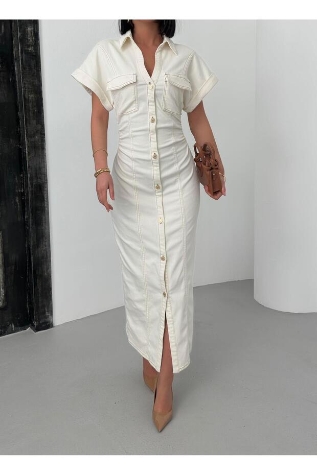 Women's Naturel Maxi Shirt Collar Buttoned Hidden Zipper Pocket Detailed Dress
