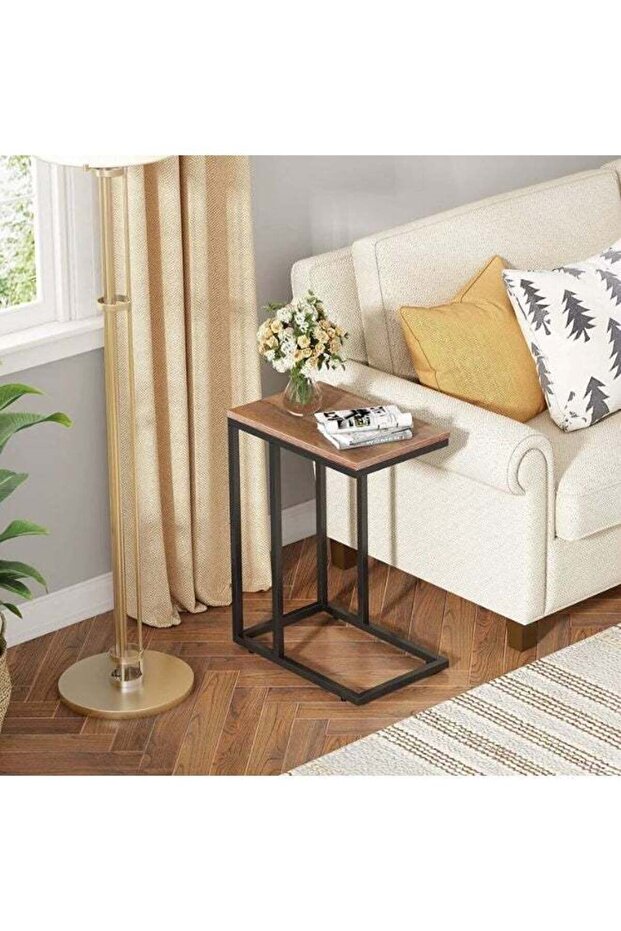 Elegant Side Table 40x30x60cm, Space-Saving End Table with Stylish Wooden-Effect Top and Durable Black Metal Legs, Contemporary Accent Stand for Sofa, Bedside, Living Room, Bedroom, Offic