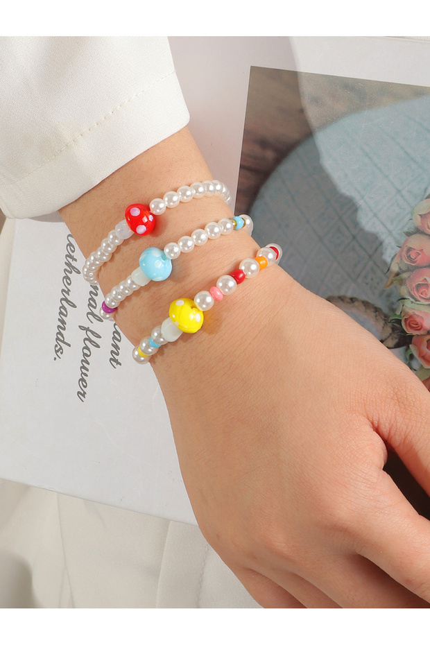 Pack of 3 Multi-Color Mushroom and Pearl Beaded Bracelet