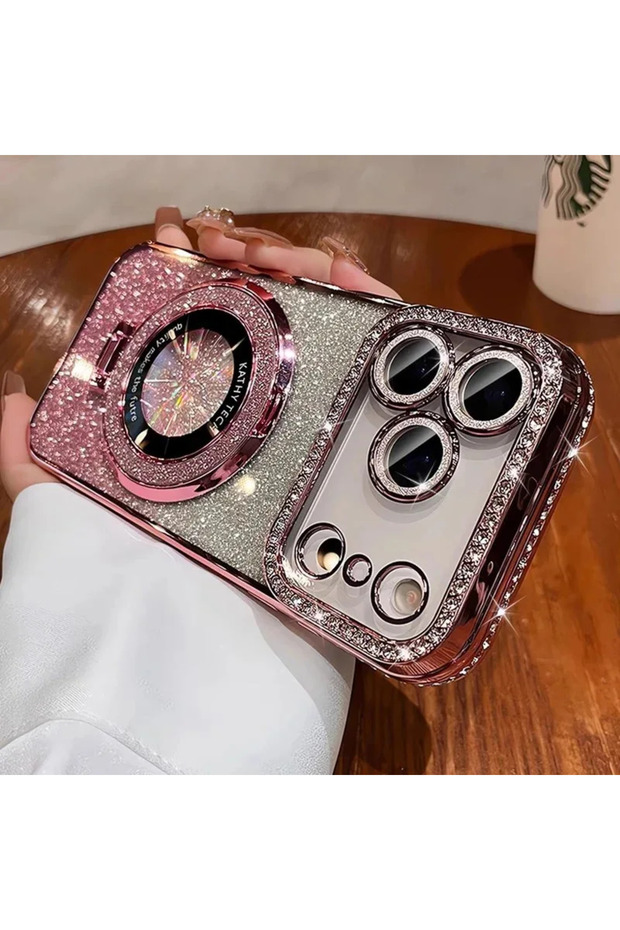 غلاف هاتف مغناطيسي شفاف لامع مرصع بالألماس باللون الوردي لهاتف iPhone 16 Pro Max، متوافق مع هواتف iPhone 17 و16 و13 و17 و16 و17 و18 و19 ...