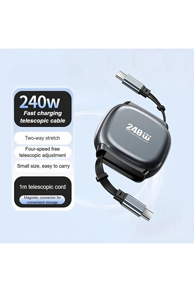Black-1m 240W Retractable Fast Charging Cable USB C To C Auto Coiling for Travel Charging Phone Tabl