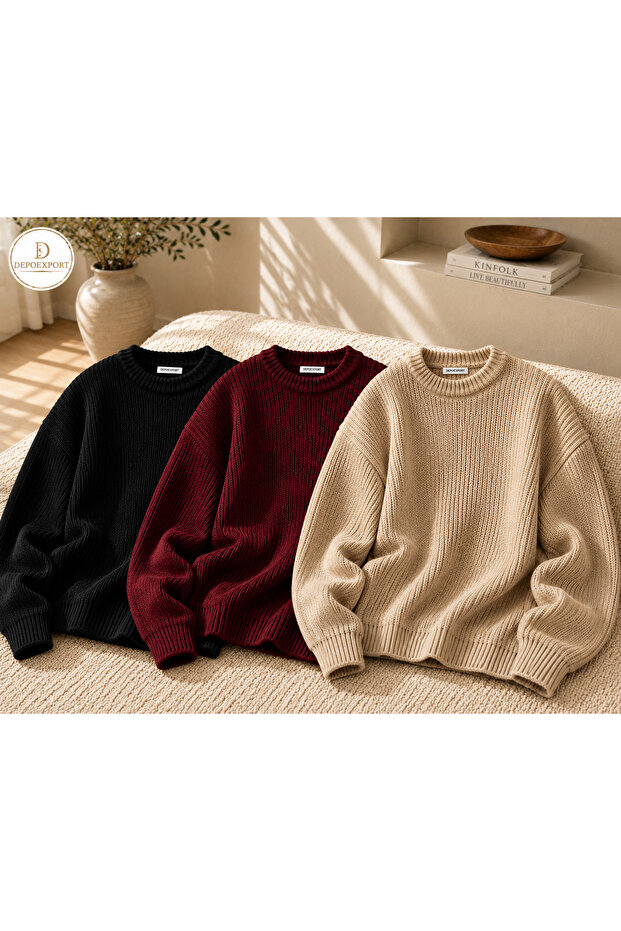 Women's 3-Piece Crew Neck Oversize Knitwear Sweater Soft Knitted Sweater
