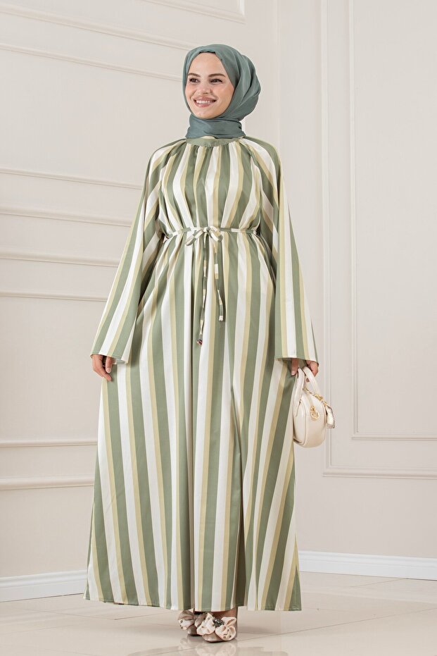 Thick Striped High Collar Dress-Khaki