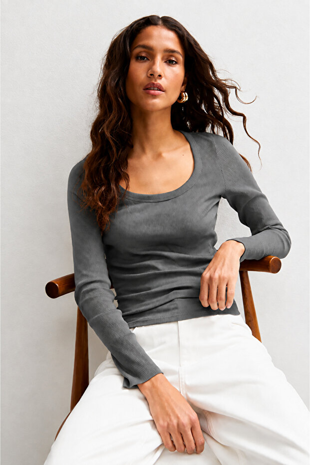 Women's Anthracite Color, Long Sleeve, Deep Pool Neck Blouse, Ribbed Camisole Fabric