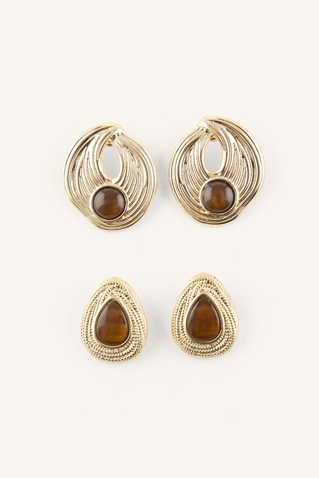 Women's Stone Detailed Geometric 2-Piece Earring Set I4272Axns