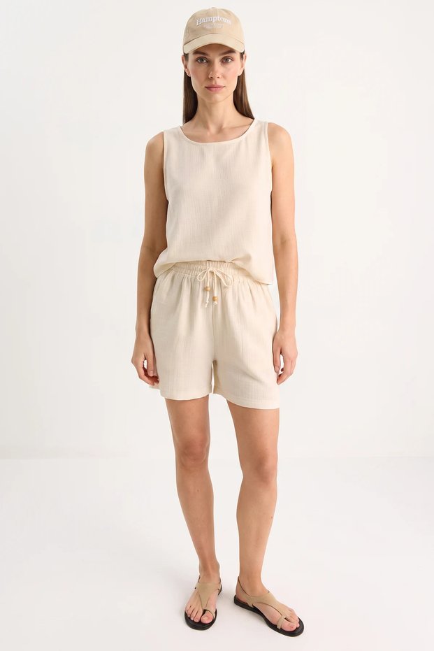 Women's Thick Strap Blouse with Elastic Waist and Pocket Detail Shorts Muslin Beige Set