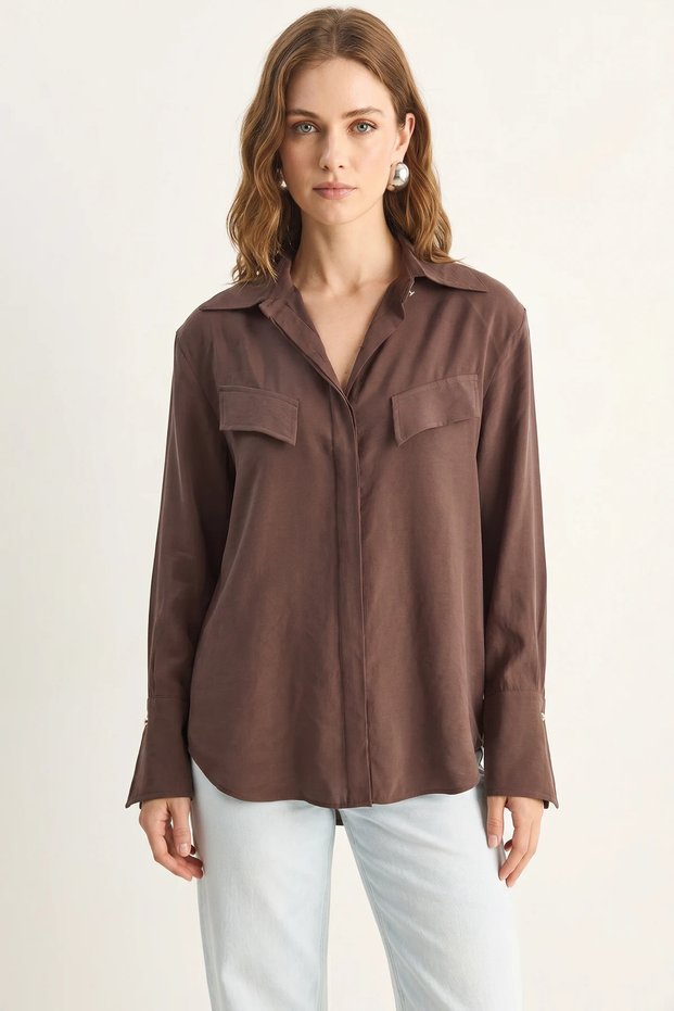 Women's Padded Cross-Collar Detailed Asymmetrical Wide Cuff Modal Bitter Brown Shirt