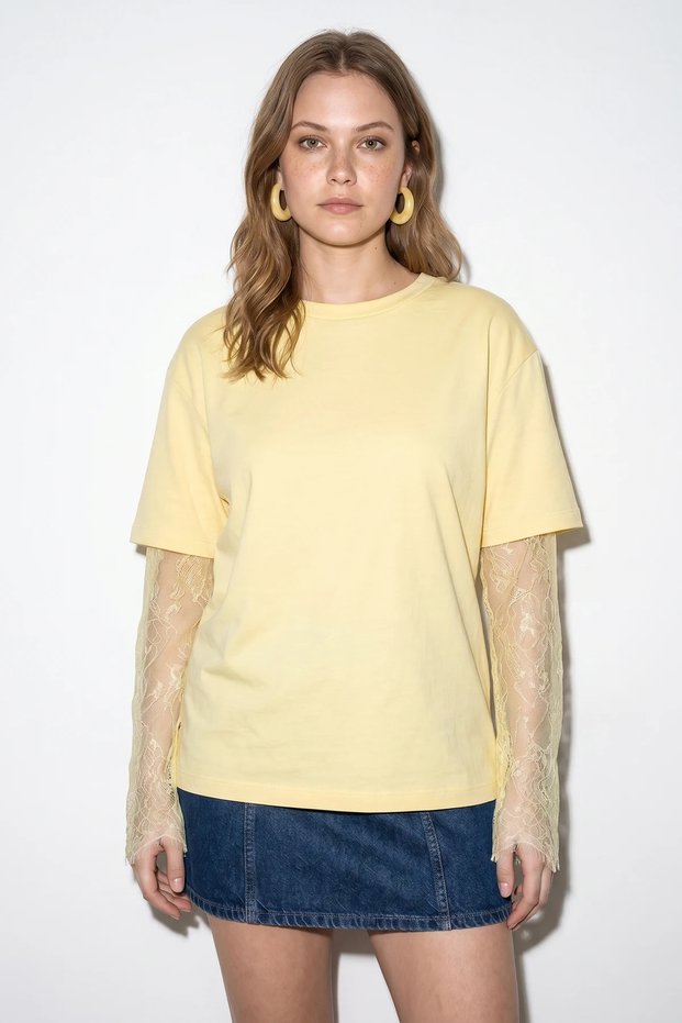 Women's Crew Neck Lace Sleeve Oversize Cotton t Shirt Yellow