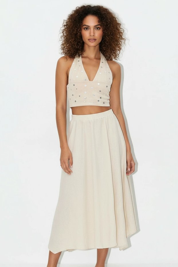 Women's Elastic Waist Lined Asymmetrical Cut Muslin Crinkle Cream Skirt