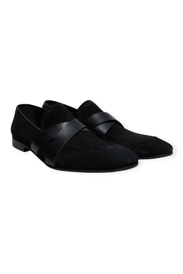 Black Color Laceless Genuine Leather Men's Shoes