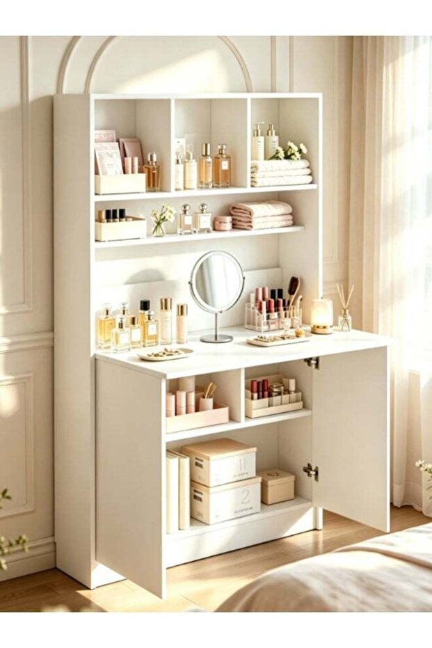 -Long Multi-Function Fold Down Desk, Hidden Floating Vanity Dressing Table with Open Shelves & Storage Cabinet, Space Saving Wall Writing & Makeup Console for Apartment (YN145)