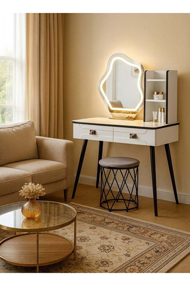 Harmony Homes Vanity Desk with LED Lighted Mirror – Makeup Table with Touch Sensor & Multiple Light Modes – 2 Drawers & 3 Storage Cabinets