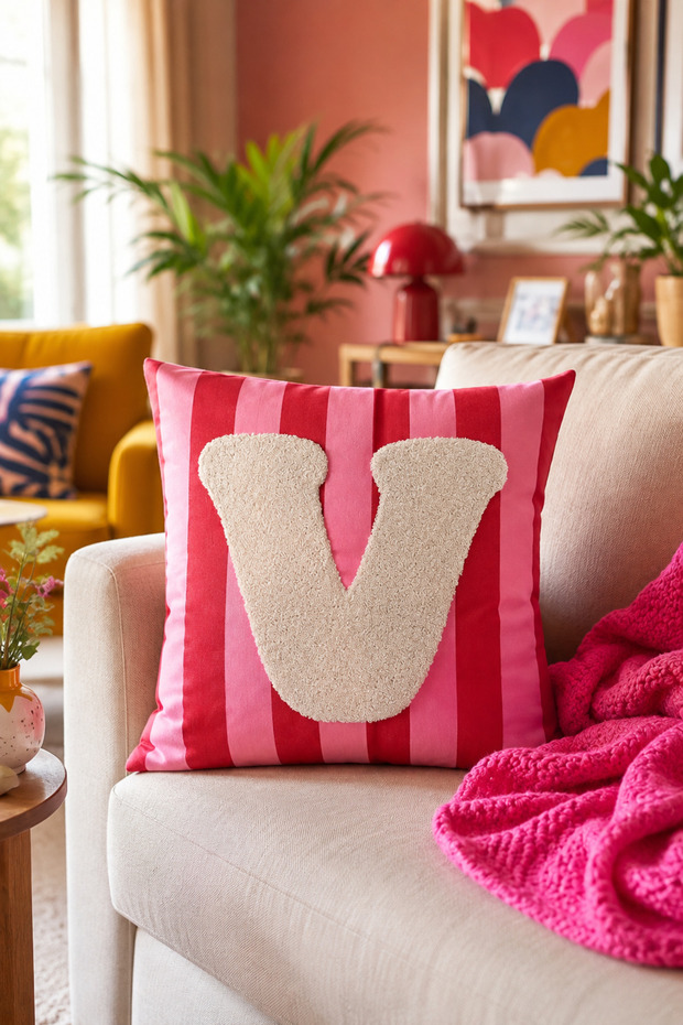 Punch Embroidered Throw Pillow Cover - 43*43 cm - Pink Letter V - Pnk001