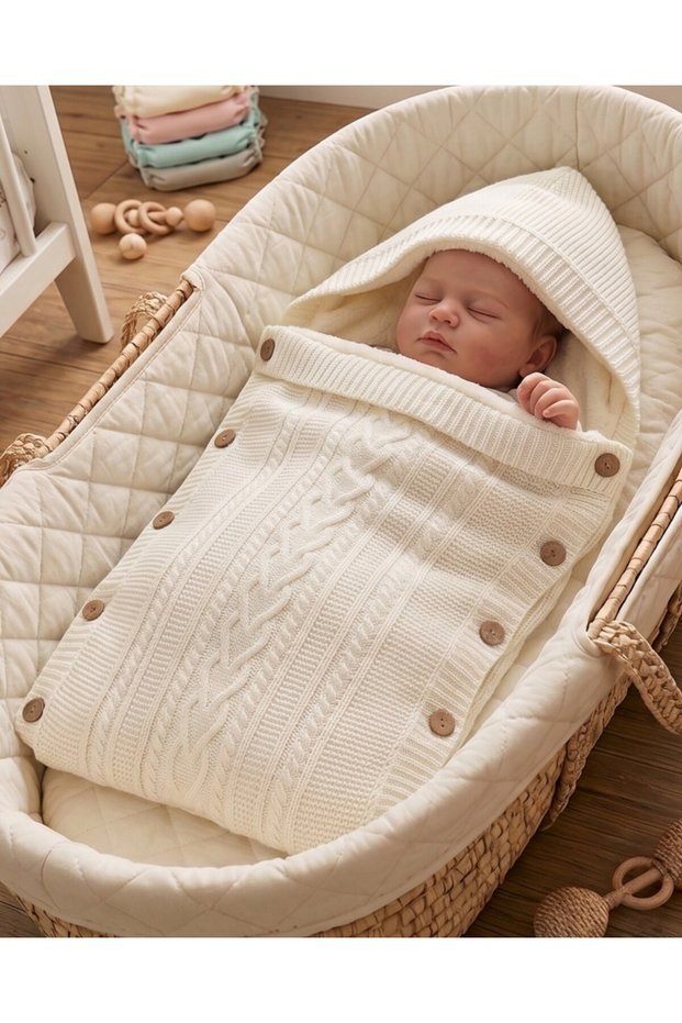Natural Knitwear Baby Swaddle with Welsoft Inside, Hooded, Buttoned, Breathable Winter Baby Swaddle