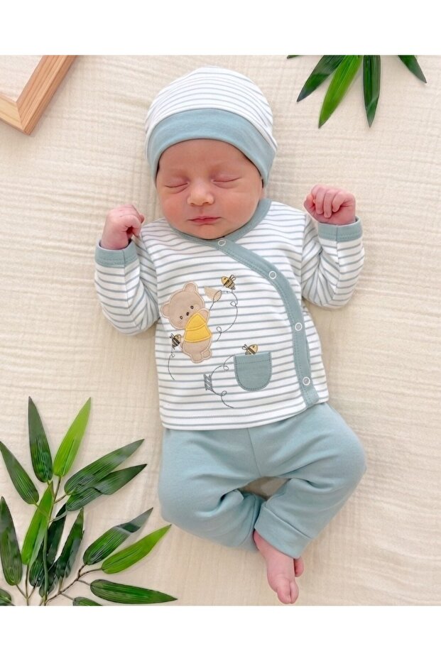 Baby Boy Striped Teddy Bear Printed Hat 3-Piece Newborn 0-3 Months 100% Cotton Bodysuit Set