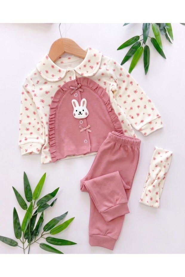 Baby Girl Floral Printed Rabbit Bandana 3-Piece Newborn 0-3 Months 100% Cotton Bodysuit Set