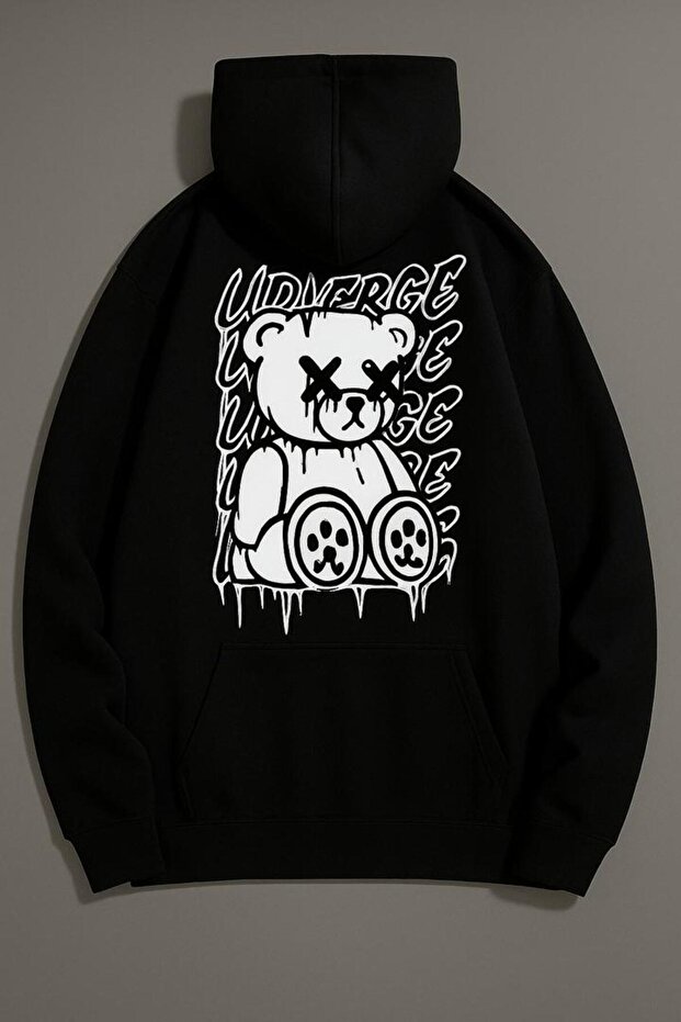 Unisex Oversize 3 Thread Yarn Kangaroo Pocket "Teddy Bear" Printed Hooded Sweatshirt