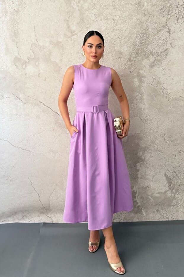 Lilac Halter Neck Flared Dress