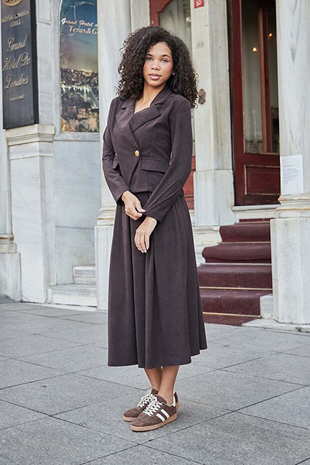 Women's Stretchy Velvet Fabric Collared Long Sleeve Double Breasted Wrap Short Office Jacket - Coffee