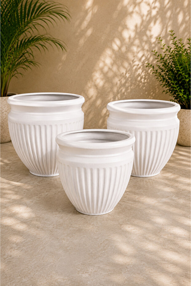 Ceramic Pots White Crown Ribbed Planter - SET 3PCS